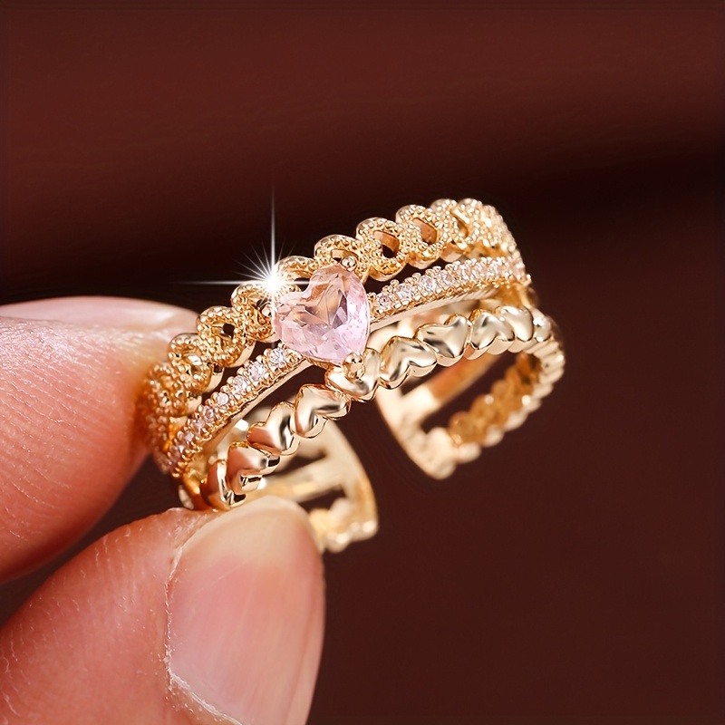 Boho Heart Open Ring CZ Golden Plated Adjustable Mother's Gift